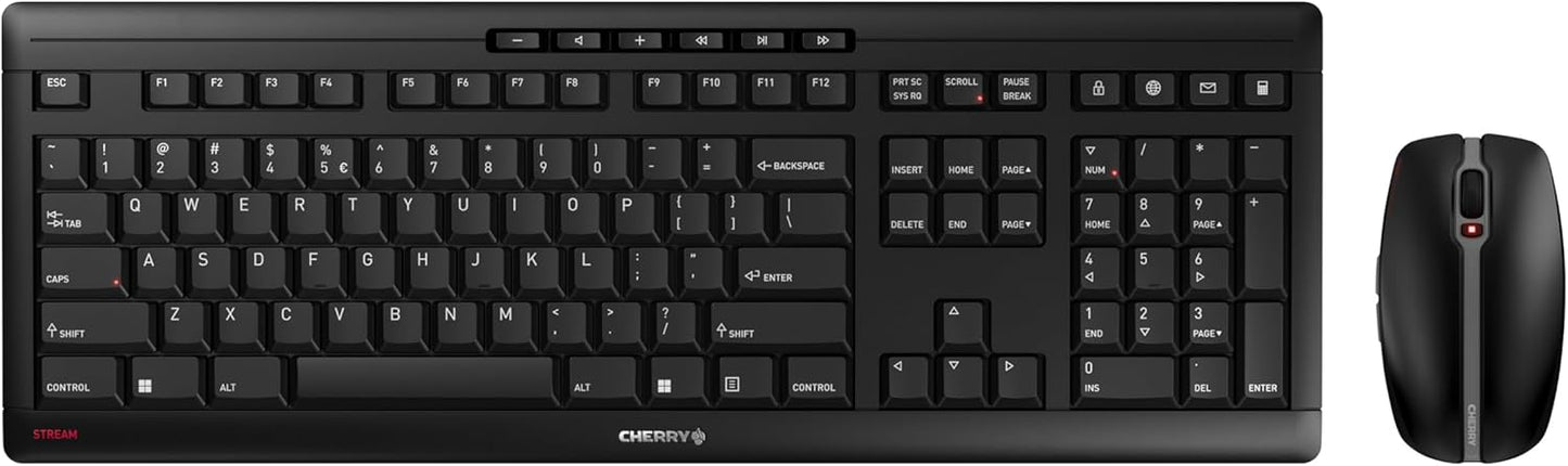CHERRY STREAM DESKTOP RECHARGE, Kabelloses Tastatur-Maus-Set, US International (QWERTY), 2,4 GHz Funk, Leiser Tastenanschlag, Wiederaufladbar, Schwarz