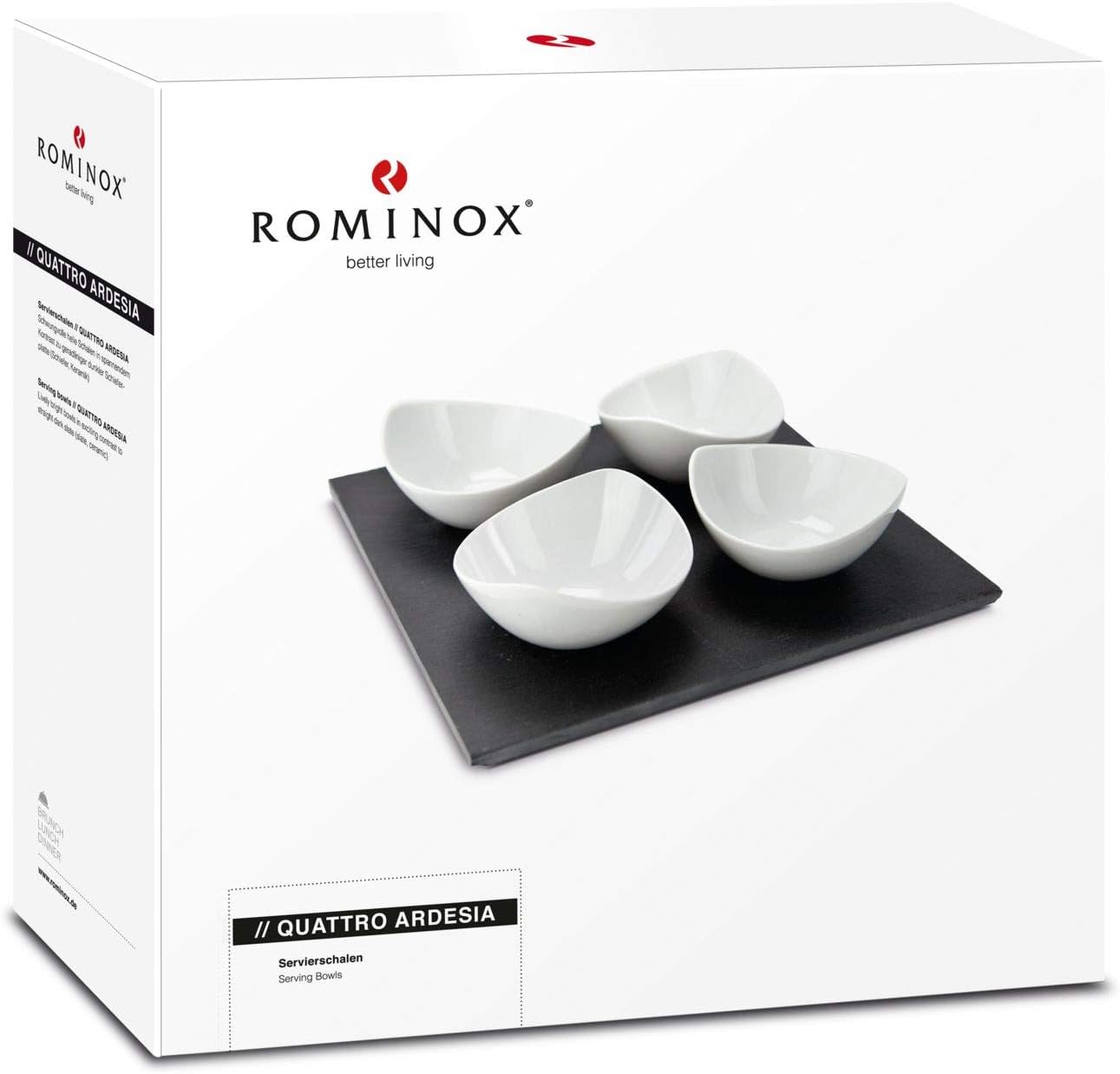 ROMINOX Servierschalen Quattro Ardesia – 5-teilig 4 schwungvolle Schalen und 1 Schieferplatte zum Servieren von Dips Saucen oder Marmeladen Maße: ca. 25 x 25 x 6 cm