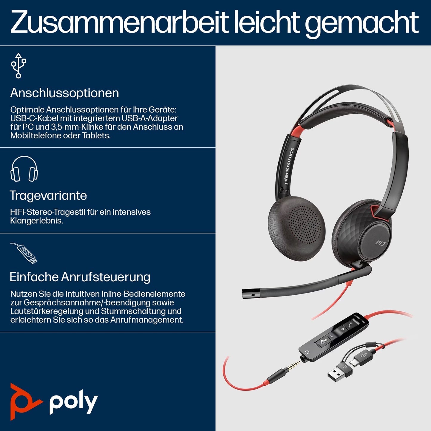 Poly HP Blackwire C5220 Stereo USB-C/A-Adapter & 3,5 mm Headset kabelgebunden