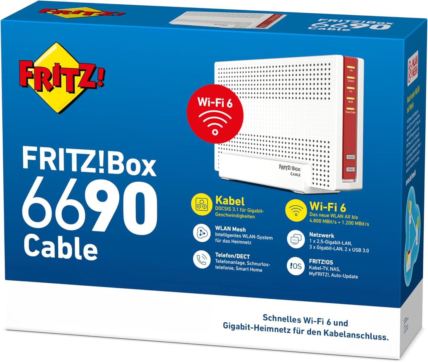 FRITZ!Box 6690 Cable Router für einen Kabelanschluss DOCSIS 3.1-Kabel-Modem, 4x4 Wi-Fi 6 (WLAN AX) mit 4.800 MBit/s (5 GHz) + 1.200 MBit/s (2,4 GHz), 1x 2,5-Gigabit-LAN-Anschluss, USB 3.0, DECT