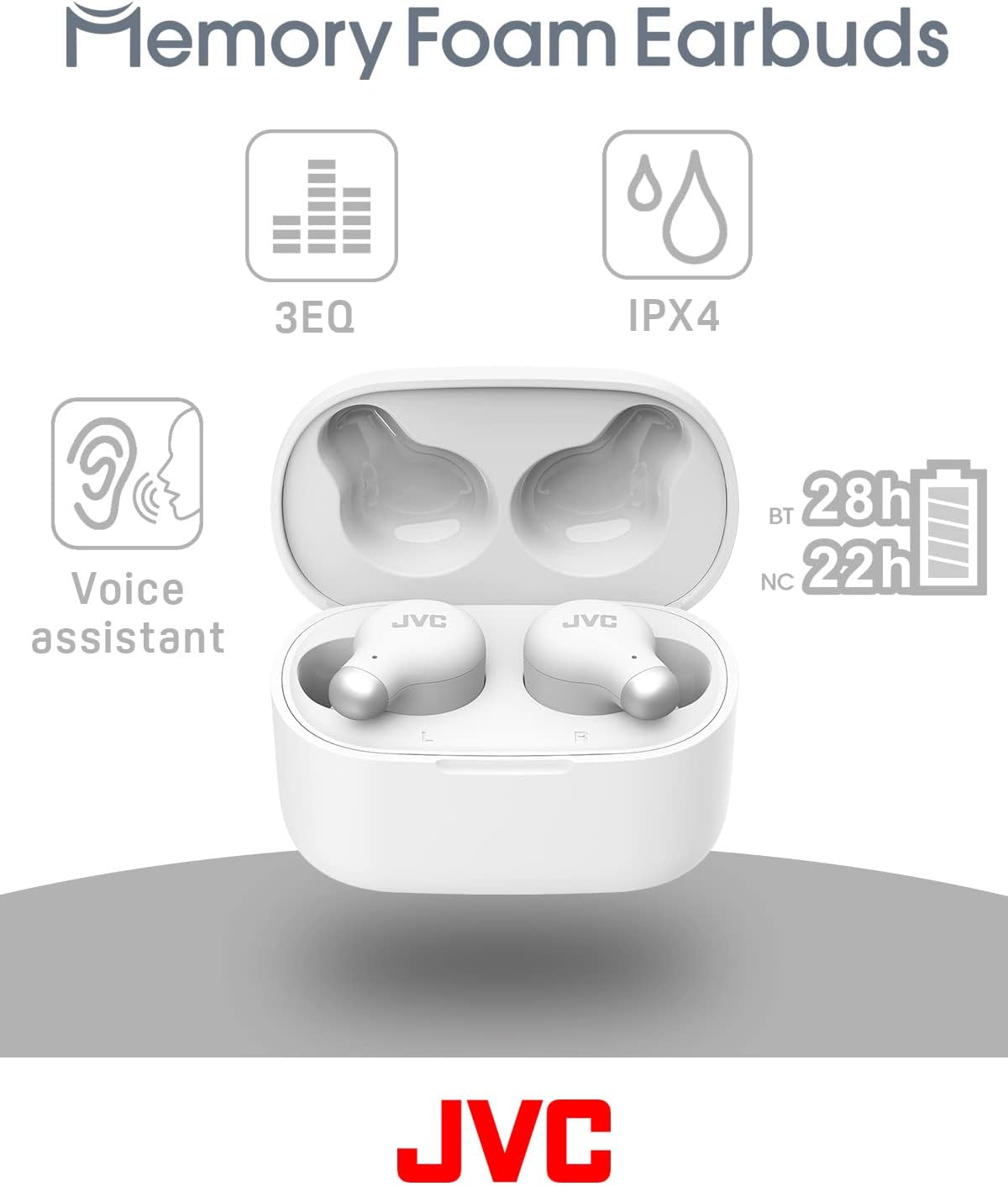 JVC HA-Z250T-W True Wireless Kopfhörer mit aktiver Geräuschunterdrückung, weiche & komfortable Memory Foam Ohrstöpsel, 3 Klangmodi, BT 5.3, 28 Std. Akkulaufzeit, weiß