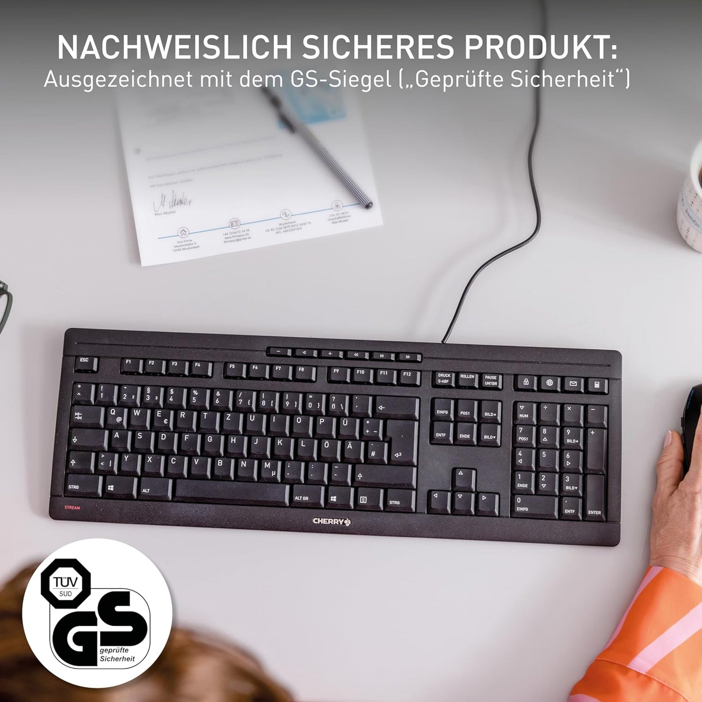 CHERRY Stream Keyboard, USB Tastatur, Kabelgebunden, „der Blaue Engel“, GS-Zulassung, QWERTZ Business-Tastatur, Schwarz