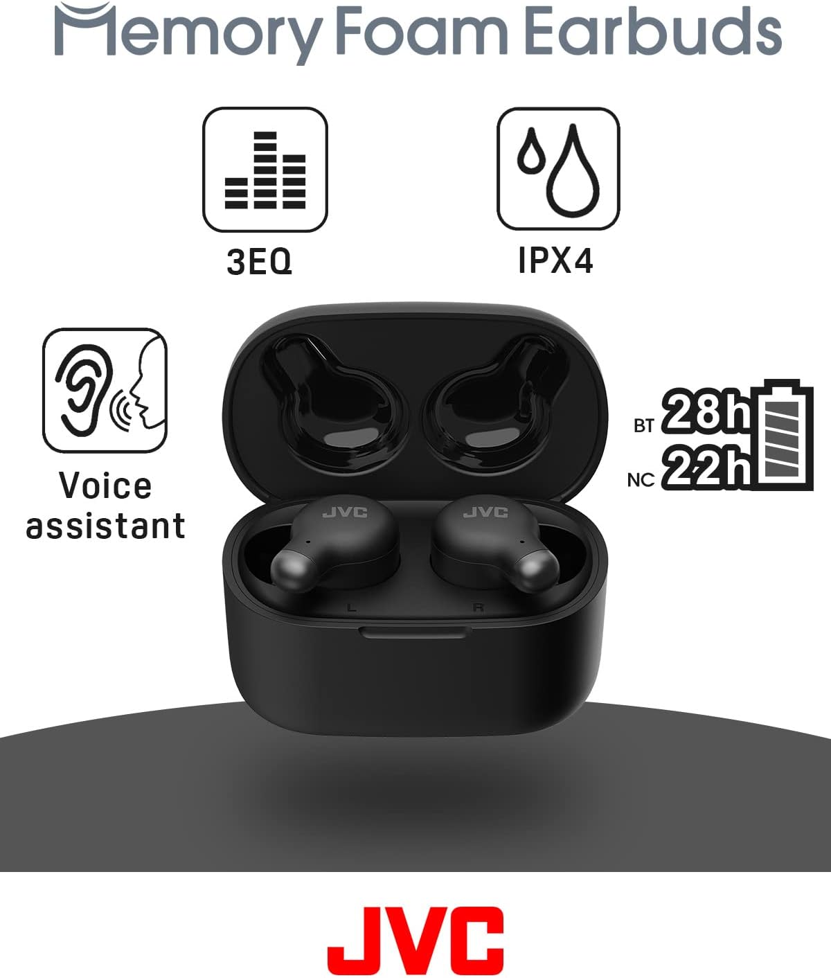 JVC HA-Z250T-B True Wireless Kopfhörer mit aktiver Geräuschunterdrückung, weiche & komfortable Memory Foam Ohrstöpsel, 3 Klangmodi, BT 5.3, 28 Std. Akkulaufzeit, schwarz