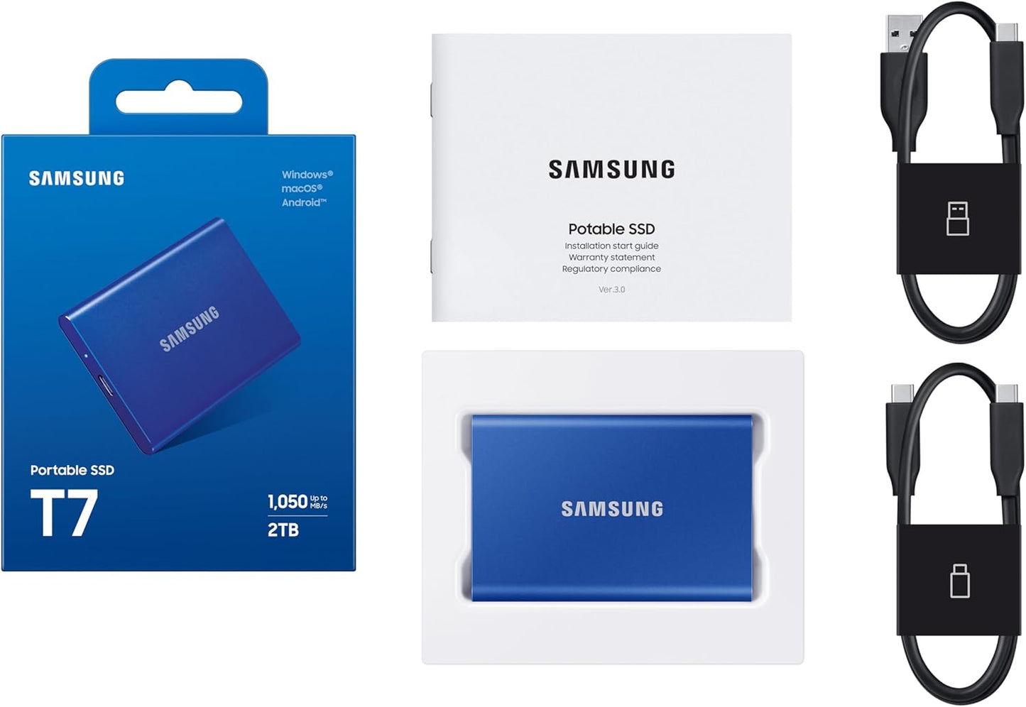 Samsung Portable SSD T7, 2 TB, USB 3.2 Gen.2, 1.050 MB/s Lesen, 1.000 MB/s Schreiben, Externe SSD Festplatte für Mac, PC, Smartphone und Spielkonsole, Blau, MU-PC2T0H/WW