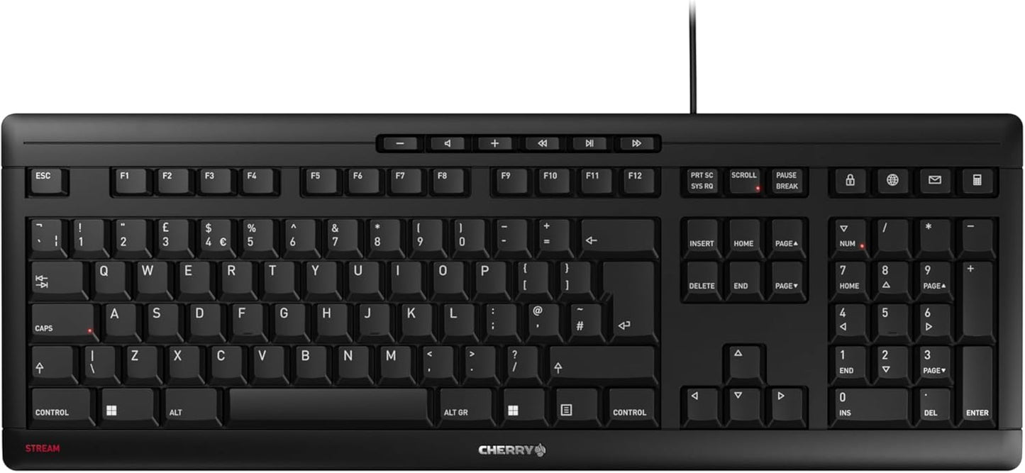 CHERRY Stream Keyboard, Kabelgebundene Tastatur, UK-Layout (QWERTY), Flüsterleiser Tastenanschlag, Einzigartiges Tippgefühl, Flaches Design, Schwarz