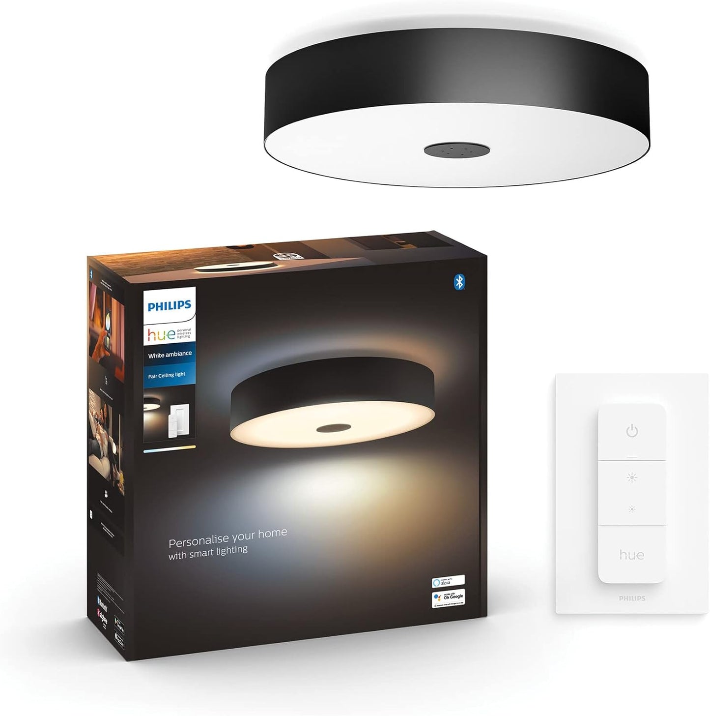 Philips Hue White Ambiance Fair Deckenleuchte schwarz 2750lm inkl. Dimmschalter, dimmbar, alle Weißschattierungen, steuerbar via App, kompatibel mit Amazon Alexa (Echo, Echo Dot) [Energieklasse F]