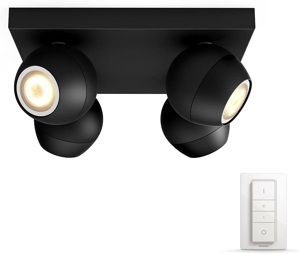 Philips Hue White Ambiance Buckram Spot 4 flg. schwarz 4x250lm inkl. Dimmschalter, dimmbar, alle Weißschattierungen, steuerbar via App, kompatibel mit Amazon Alexa (Echo, Echo Dot)