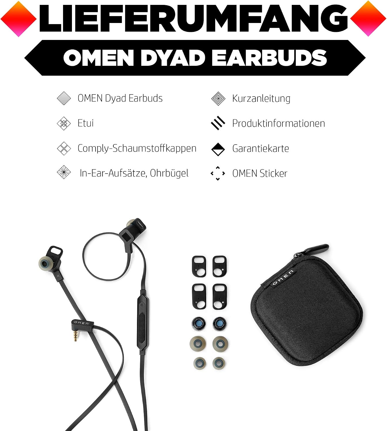 HP OMEN Dyad Gaming Earbuds (Dual-Treiber-Technologie, 3 verschiedene In-Ear-Aufsätze, integrierte Bedienelemente, 3,5mm Klinke) schwarz