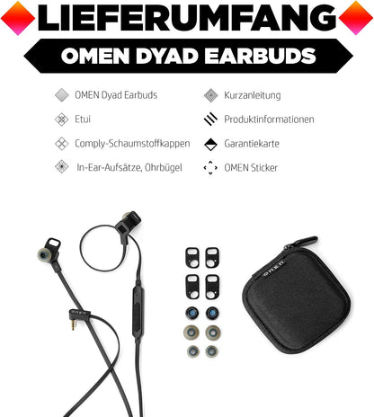 HP OMEN Dyad Gaming Earbuds (Dual-Treiber-Technologie, 3 verschiedene In-Ear-Aufsätze, integrierte Bedienelemente, 3,5mm Klinke) schwarz