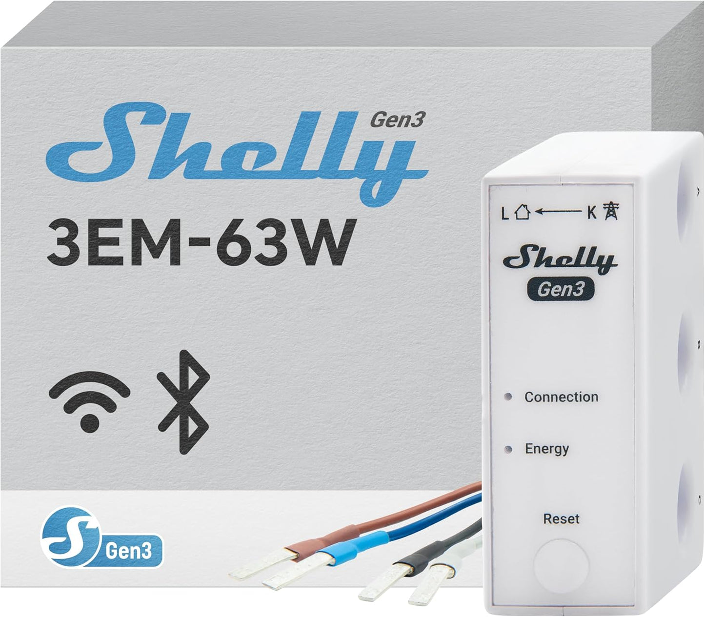 Shelly 3EM-63W Gen3, WLAN-Energiemessgerät für Drei- oder Einphasenanlagen, Echtzeit-Vier-Quadranten-Messung, Keine Lastschwelle, Photovoltaik-kompatibel, Kein Hub Erforderlich