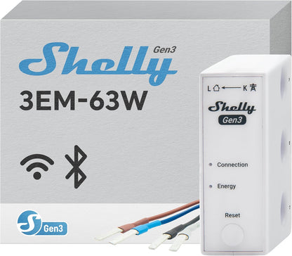Shelly 3EM-63W Gen3, WLAN-Energiemessgerät für Drei- oder Einphasenanlagen, Echtzeit-Vier-Quadranten-Messung, Keine Lastschwelle, Photovoltaik-kompatibel, Kein Hub Erforderlich