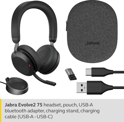 Jabra Evolve2 75 UC Stereo USB-A Headset mit Ladestation Link380a Schwarz 27599-989-989