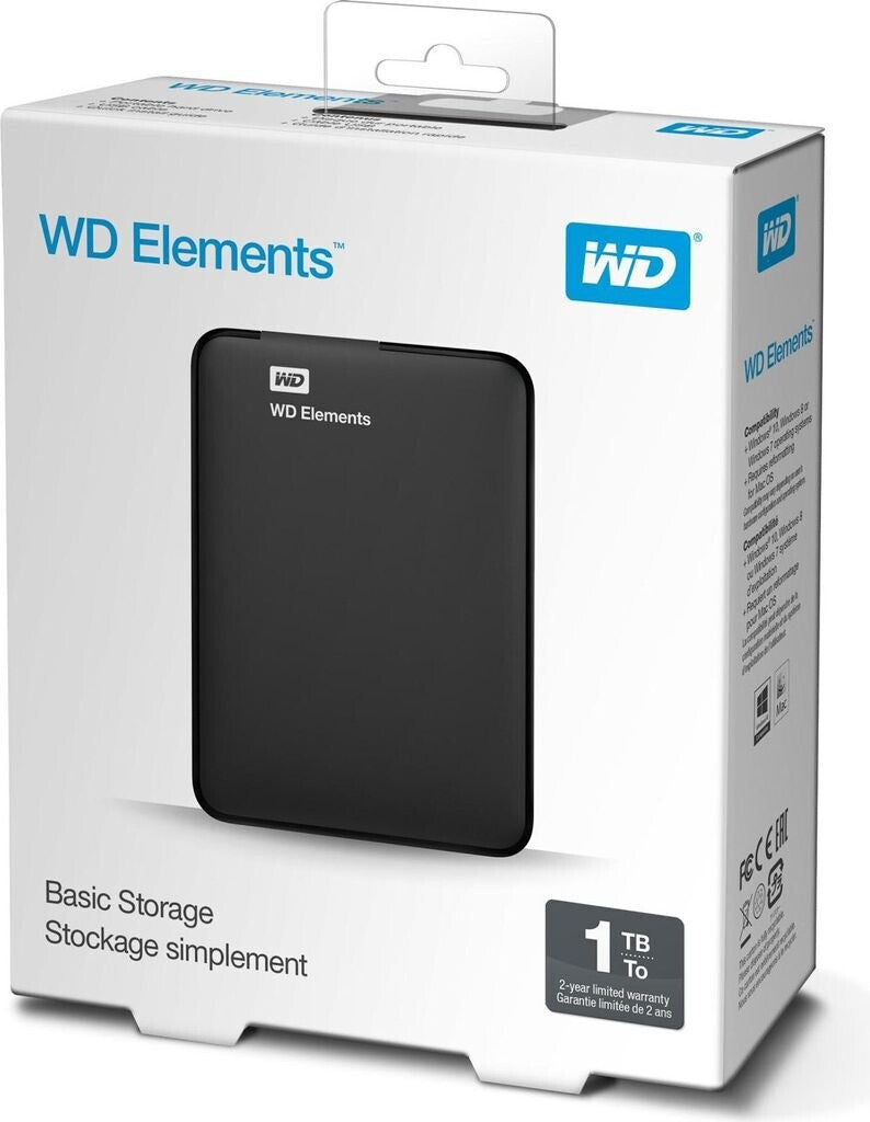 Western Digital Elements Portable externe Festplatte 1 TB (mobiler Speicher, USB 3.0-Schnittstelle, Plug-and-Play, für Windows formatiert) Schwarz