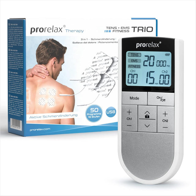 PRORELAX TENS/EMS Trio+ Akkubetriebenes Elektrostimulationsgerät | 3 Therapien - TENS, EMS, FITNESS | Zur Entspannung, zum Muskelaufbau zur Schmerzlinderung 50 Programme 16 Intensitätsstufen