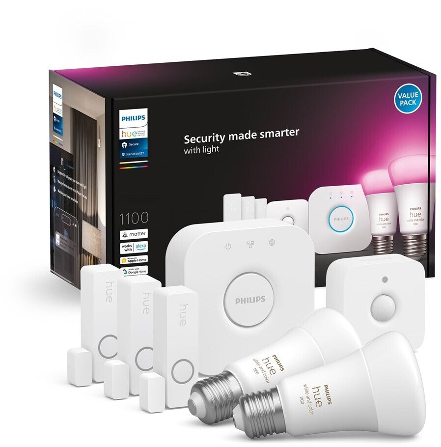 Philips Hue Starter Set mit 2 x E27 RGBW Lampen dimmbar 9W wie 60W & Bridge & Sensoren 929002468824