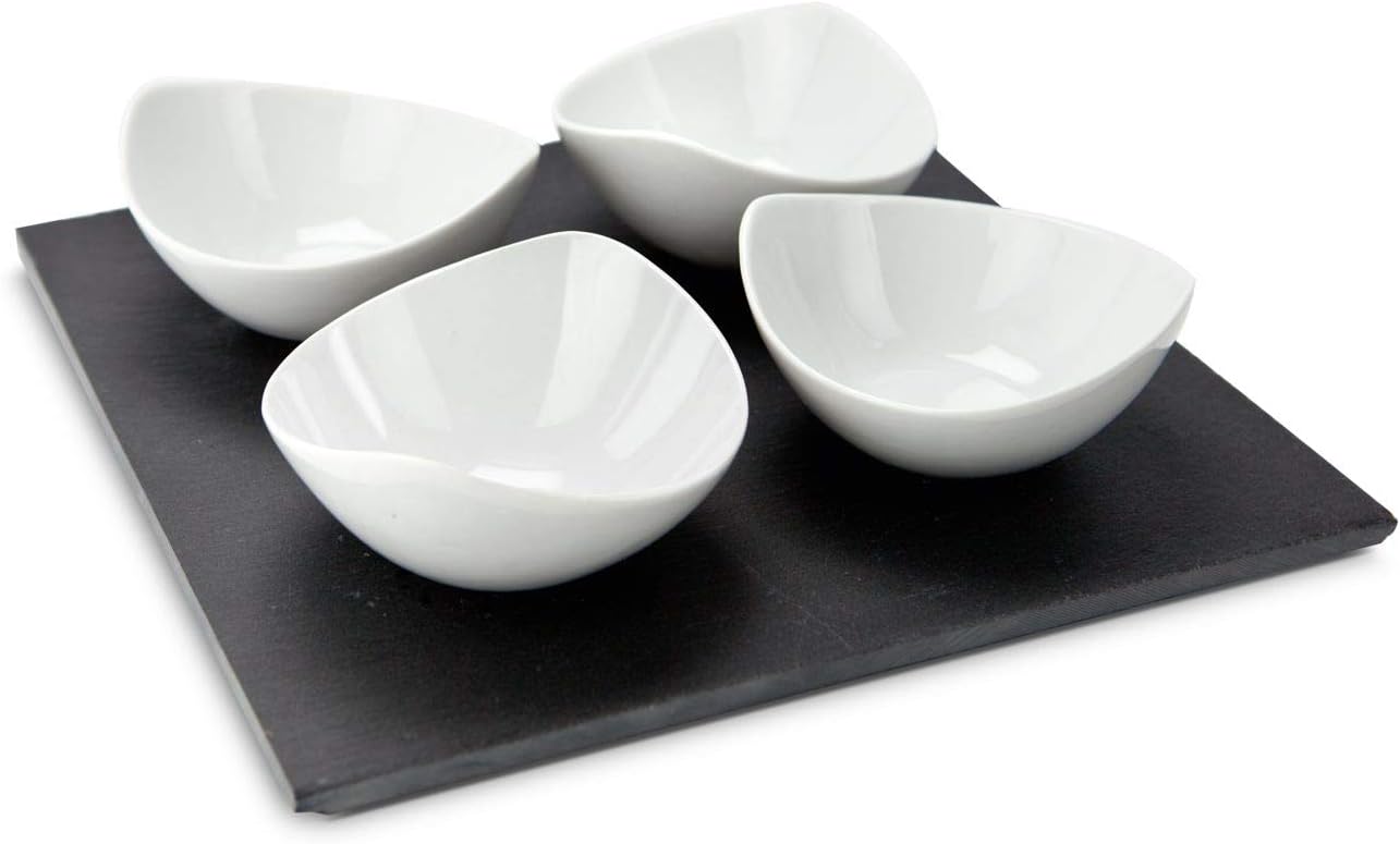 ROMINOX Servierschalen Quattro Ardesia – 5-teilig 4 schwungvolle Schalen und 1 Schieferplatte zum Servieren von Dips Saucen oder Marmeladen Maße: ca. 25 x 25 x 6 cm
