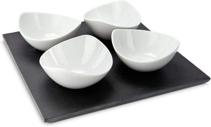 ROMINOX Servierschalen Quattro Ardesia – 5-teilig 4 schwungvolle Schalen und 1 Schieferplatte zum Servieren von Dips Saucen oder Marmeladen Maße: ca. 25 x 25 x 6 cm