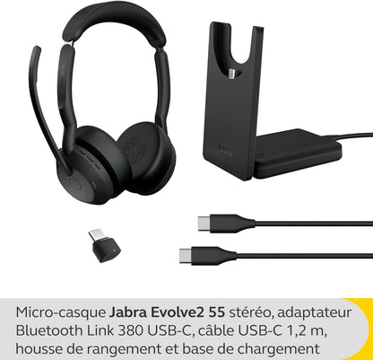 Jabra Evolve2 55 MS Stereo USB-C Headset mit Ladestation Link380c Schwarz 25599-999-889