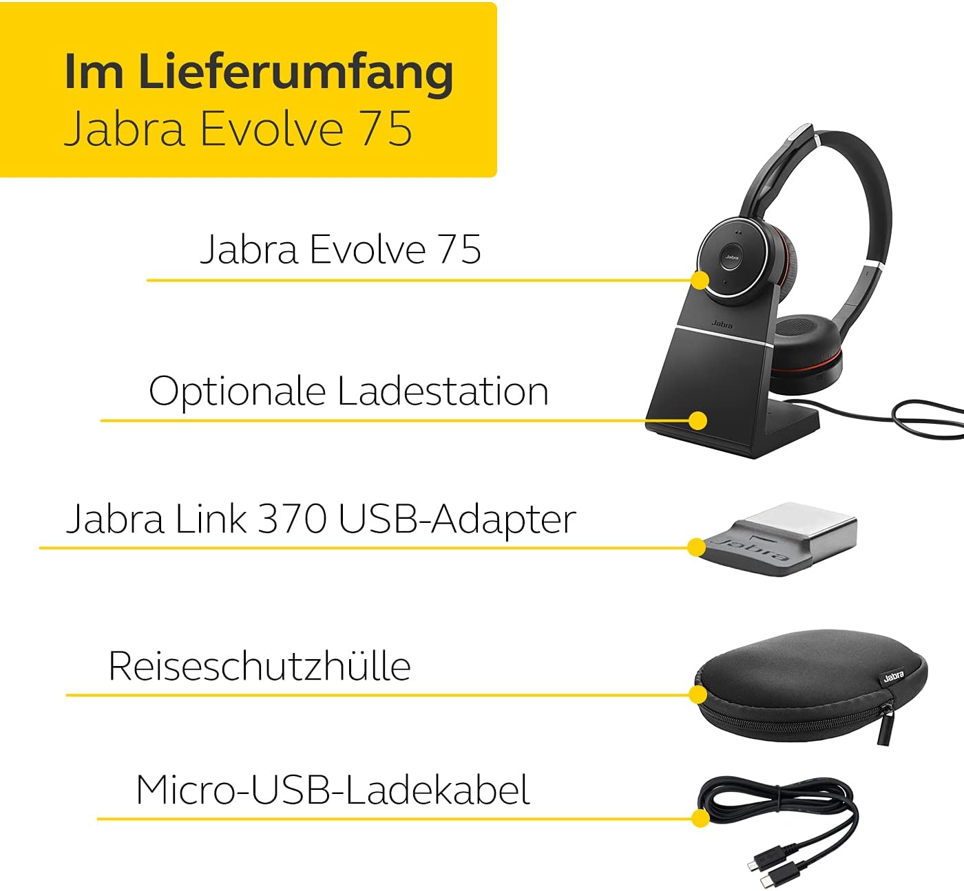Jabra Evolve 75 UC Stereo Headset mit Ladestation Link 370a 7599-838-199