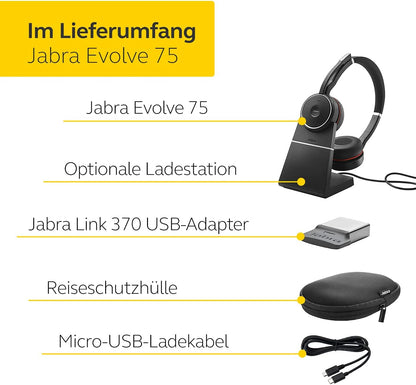 Jabra Evolve 75 UC Stereo Headset mit Ladestation Link 370a 7599-838-199