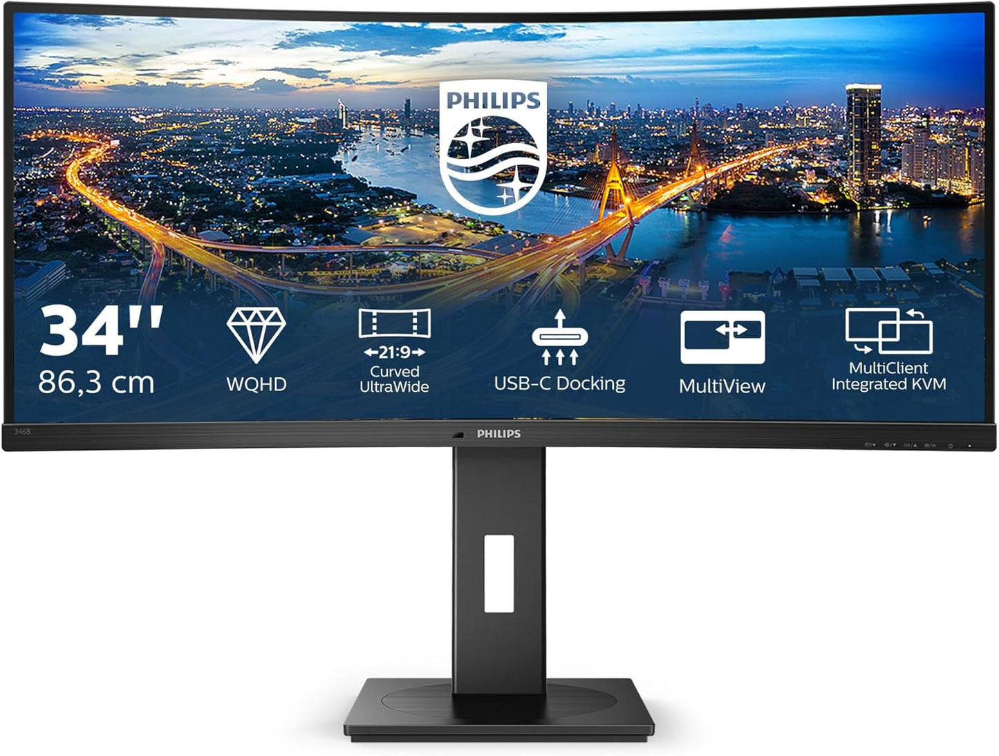 Philips 346B1C - 34 Zoll WQHD Curved USB-C Docking Monitor, höhenverstellbar (3440x1440, 100 Hz, HDMI, DisplayPort, USB-C, RJ45, USB Hub) schwarz