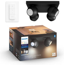 Philips Hue White Ambiance Buckram Spot 4 flg. schwarz 4x250lm inkl. Dimmschalter, dimmbar, alle Weißschattierungen, steuerbar via App, kompatibel mit Amazon Alexa (Echo, Echo Dot)