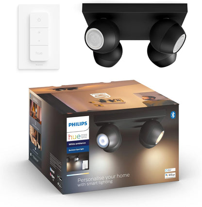 Philips Hue White Ambiance Buckram Spot 4 flg. schwarz 4x250lm inkl. Dimmschalter, dimmbar, alle Weißschattierungen, steuerbar via App, kompatibel mit Amazon Alexa (Echo, Echo Dot)