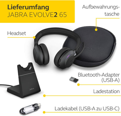 Jabra Evolve2 65 MS Stereo USB-A Headset mit Ladestation Link380a Schwarz 26599-999-989