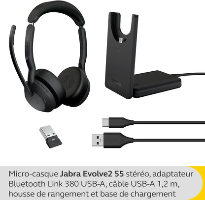 Jabra Evolve2 55 MS Stereo USB-A Headset mit Ladestation Link380a Schwarz 25599-989-989