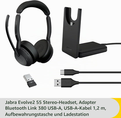 Jabra Evolve2 55 UC Stereo USB-A Headset mit Ladestation Link380a Schwarz 25599-989-989