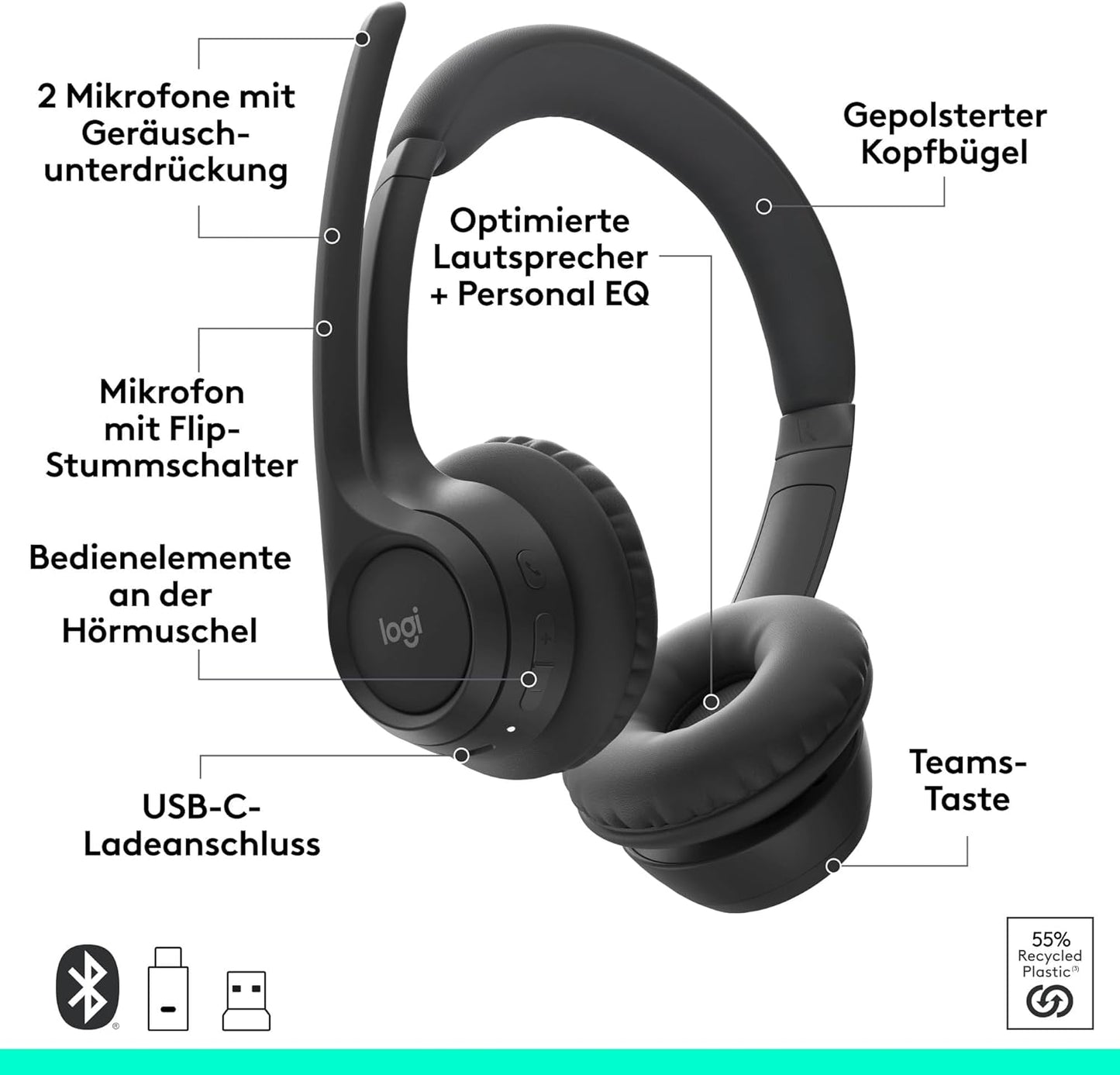 Logitech Zone 305 Business, kabelloses Bluetooth-Headset mit Mikrofon, für Microsoft Teams, kompatibel Windows, Mac, Chrome, Linux, iOS, iPadOS, Android - Schwarz