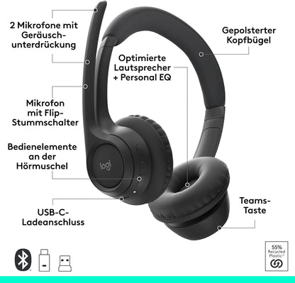 Logitech Zone 305 Business, kabelloses Bluetooth-Headset mit Mikrofon, für Microsoft Teams, kompatibel Windows, Mac, Chrome, Linux, iOS, iPadOS, Android - Schwarz