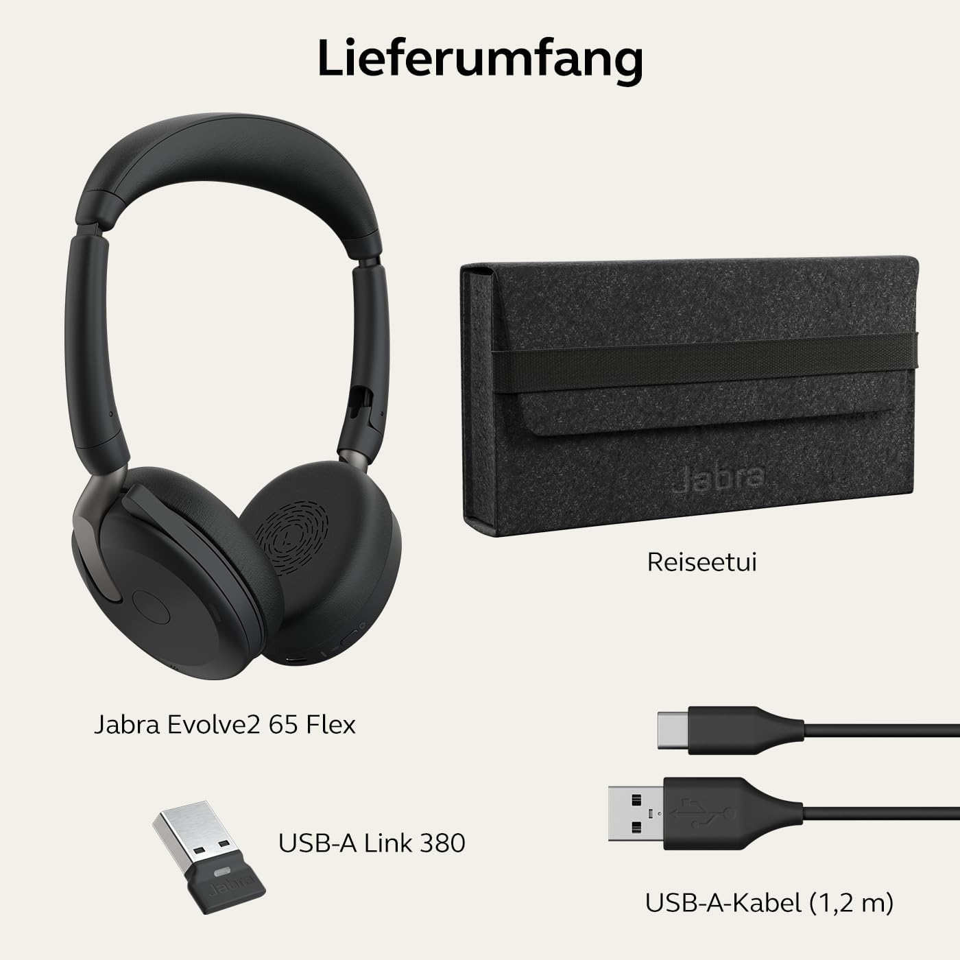 Jabra Evolve2 65 Flex UC USB-A Stereo Headset Link380a Schwarz 26699-989-999