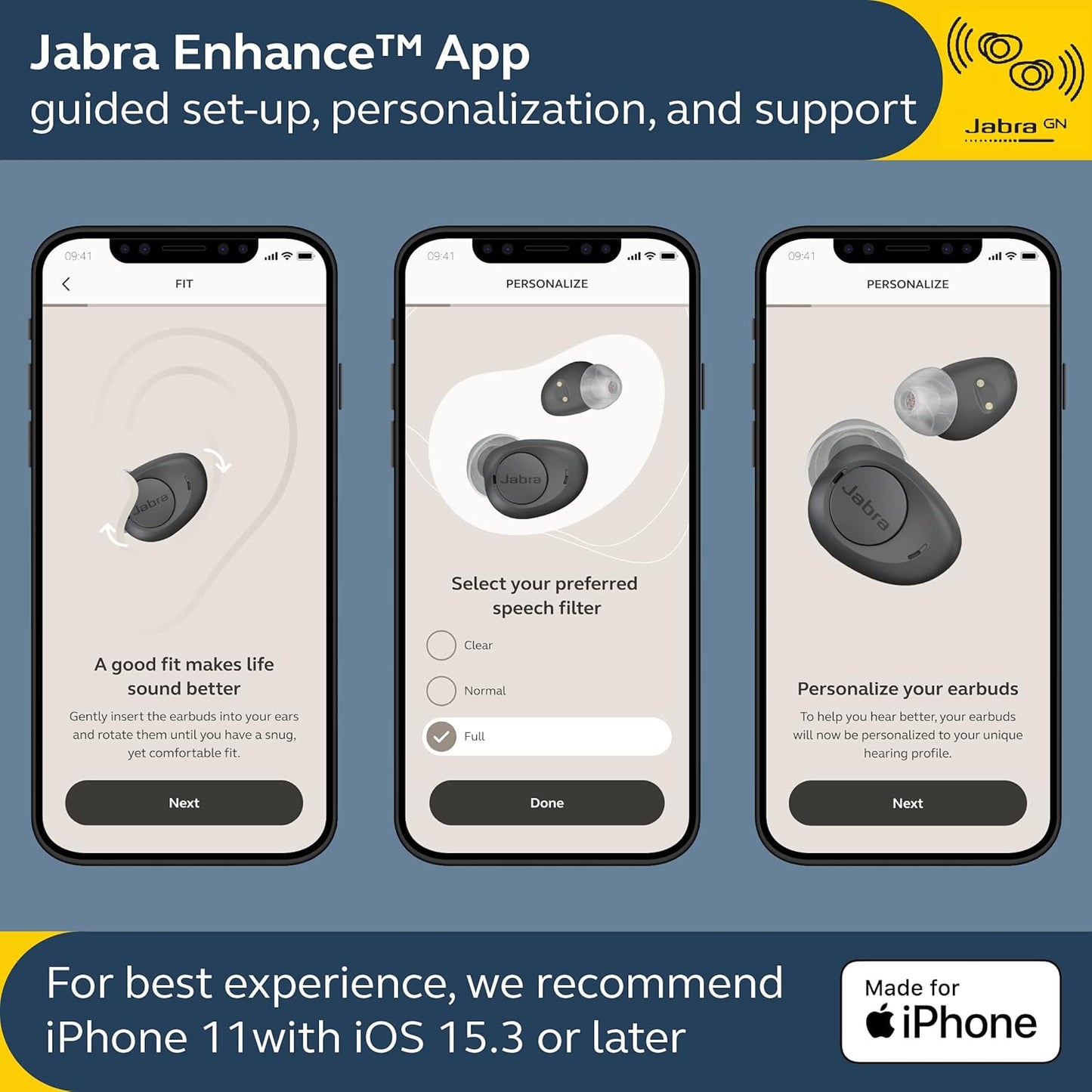Jabra Enhance Plus Gold Beige - Gebrauchtware - nur für iPhone! - Selbstsitzende OTC-Hörgeräte für erweiterte Hörverbesserung