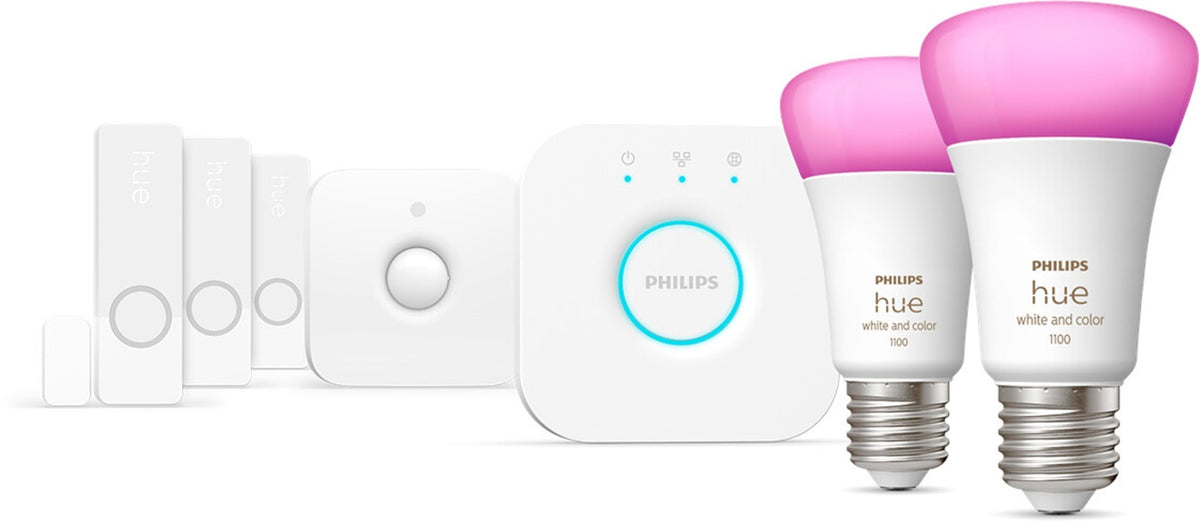 Philips Hue Starter Set mit 2 x E27 RGBW Lampen dimmbar 9W wie 60W & Bridge & Sensoren 929002468824