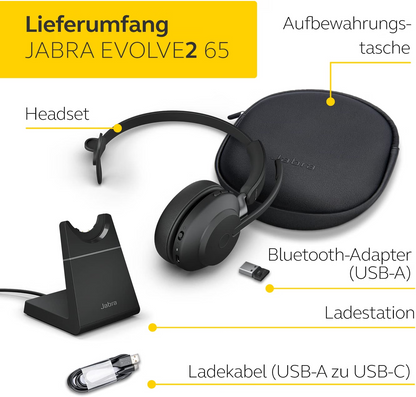 Jabra Evolve2 65 MS Mono USB-A Headset mit Ladestation Link380a Schwarz 26599-899-989