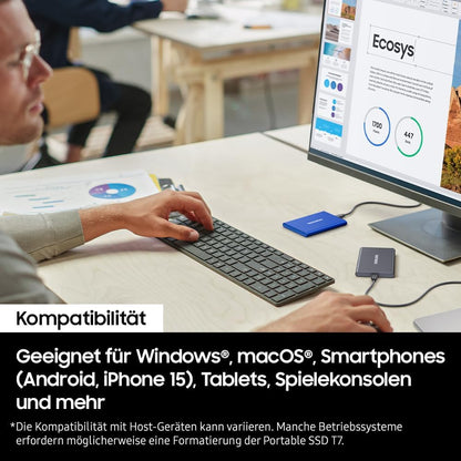 Samsung Portable SSD T7, 2 TB, USB 3.2 Gen.2, 1.050 MB/s Lesen, 1.000 MB/s Schreiben, Externe SSD Festplatte für Mac, PC, Smartphone und Spielkonsole, Blau, MU-PC2T0H/WW