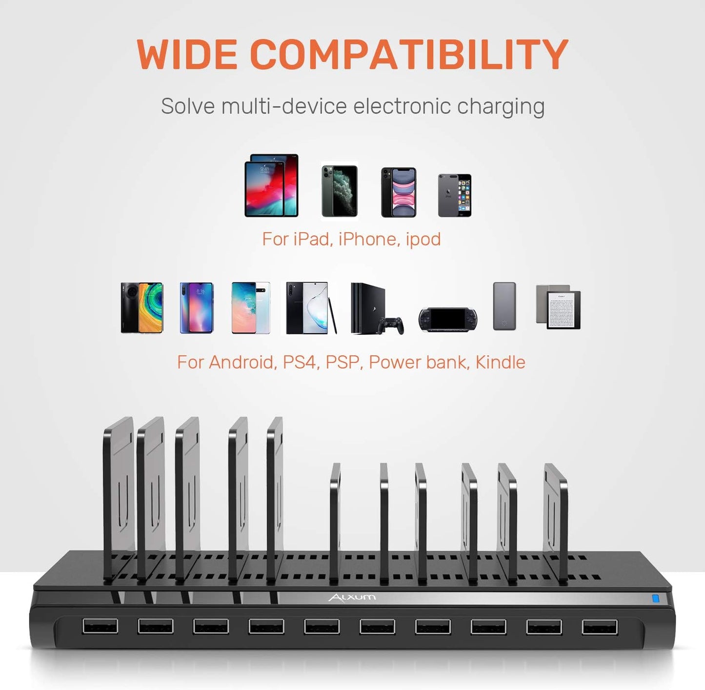 Alxum 60W USB Multiport Schnellladestation 10 Ports USB-A Ladestation für Handy, Tablet