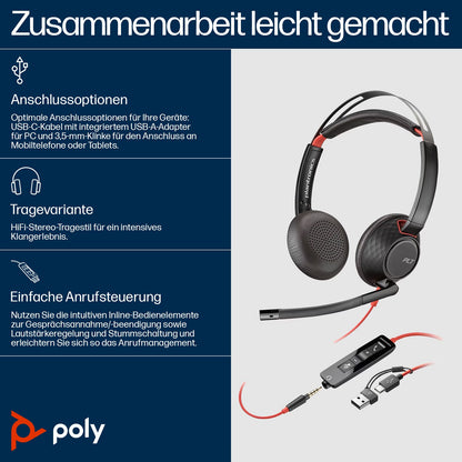 Poly HP Blackwire C5220 Stereo USB-C/A-Adapter & 3,5 mm Headset kabelgebunden