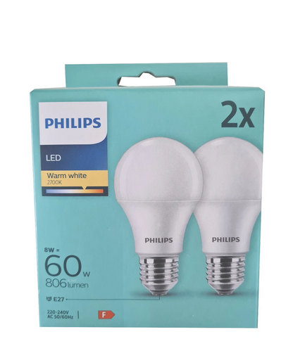 2er Pack Philips LED Classic E27 Lampe | 60W Ersatz (806lm) | 2700K Warmweiß | Matt | 2er-Pack