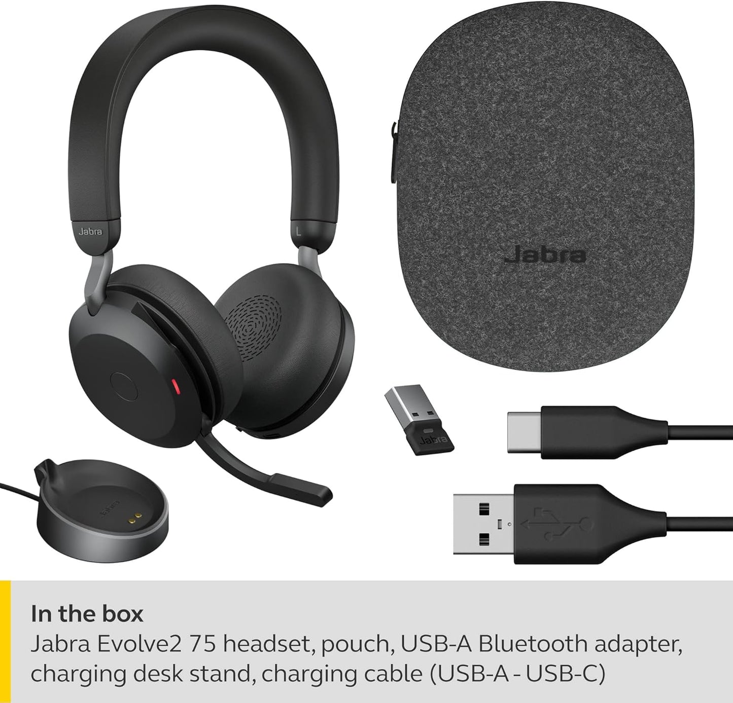 Jabra Evolve2 75 MS Stereo USB-A Headset mit Ladestation Link380a Schwarz 27599-989-990
