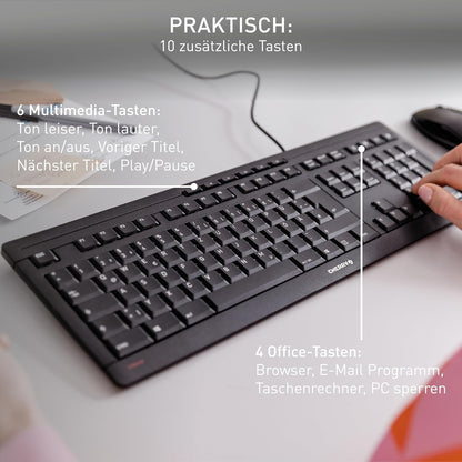 CHERRY Stream Keyboard, Kabelgebundene Tastatur, UK-Layout (QWERTY), Flüsterleiser Tastenanschlag, Einzigartiges Tippgefühl, Flaches Design, Schwarz