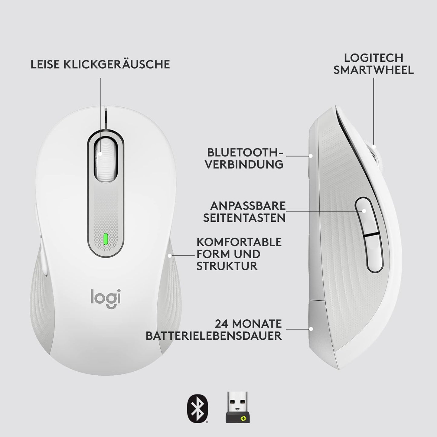 Logitech Signature M650 L Kabellose Maus - für große Hände, Leise Klicks, Anpassbare Seitentasten, Bluetooth, Kompatibilität mit mehreren Geräten - Weiß