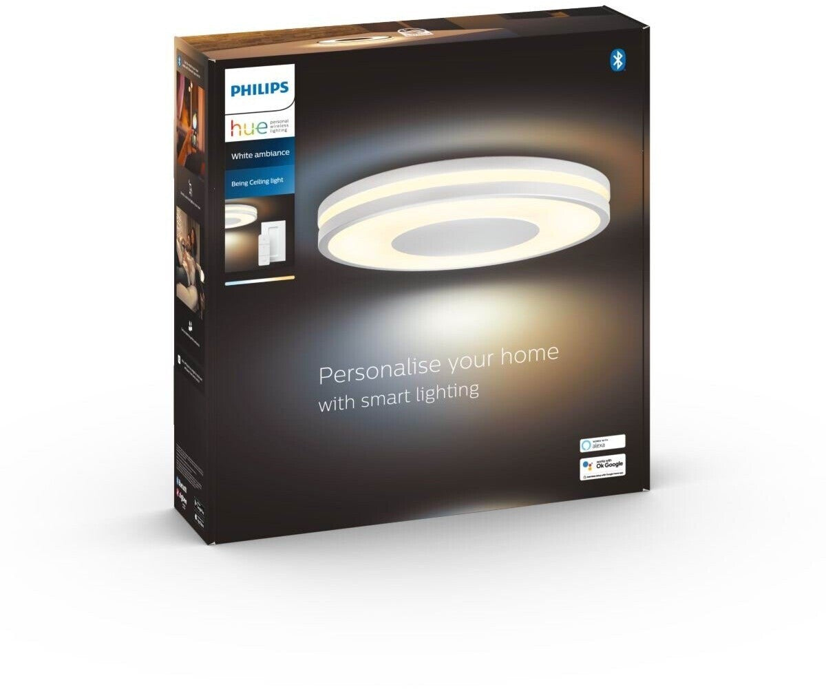 Philips Hue White Ambiance Being Deckenleuchte (2.500 lm) inkl. Dimmschalter, dimmbare Deckenlampe für das Hue Lichtsystem mit allen Weißtönen, smarte Lichtsteuerung über Sprache und App, weiß