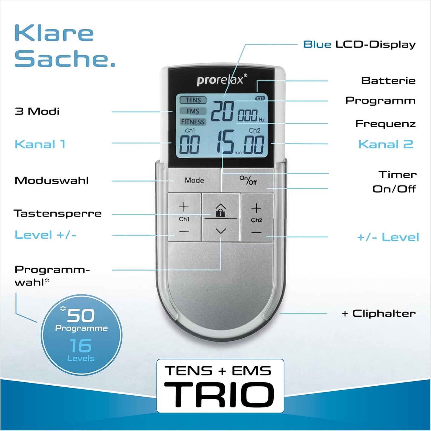 TENS-EMS-Gerät PRORELAX Elektrostimulationsgerät TENS/EMS Trio Reizstromgerät