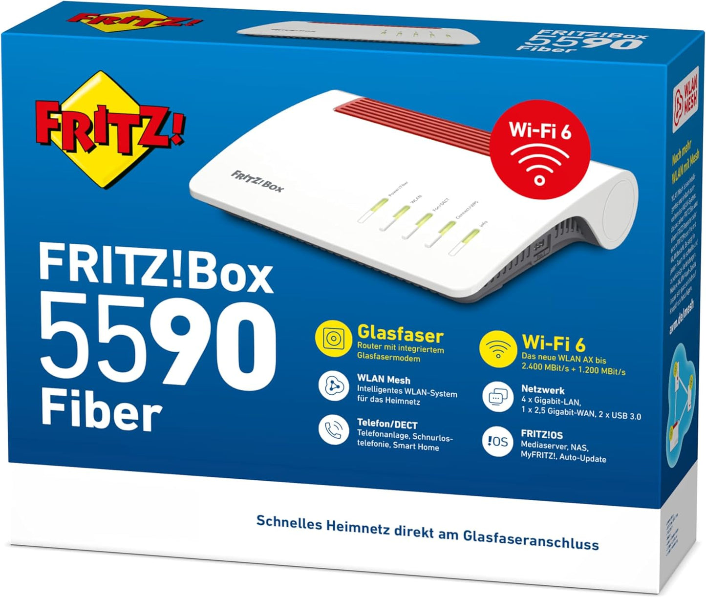 FRITZ!Box 5590 Fiber Router für einen Glasfaseranschluss Wi-Fi 6, bis 2.400 MBit/s (5 GHz) und 1.200 MBit/s (2,4 GHz), WLAN Mesh, DECT-Basis, 2,5-Gigabit-LAN-Port, geeignet für Deutschland)