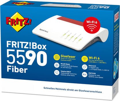 FRITZ!Box 5590 Fiber Router für einen Glasfaseranschluss Wi-Fi 6, bis 2.400 MBit/s (5 GHz) und 1.200 MBit/s (2,4 GHz), WLAN Mesh, DECT-Basis, 2,5-Gigabit-LAN-Port, geeignet für Deutschland)