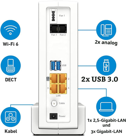 FRITZ!Box 6690 Cable Router für einen Kabelanschluss DOCSIS 3.1-Kabel-Modem, 4x4 Wi-Fi 6 (WLAN AX) mit 4.800 MBit/s (5 GHz) + 1.200 MBit/s (2,4 GHz), 1x 2,5-Gigabit-LAN-Anschluss, USB 3.0, DECT