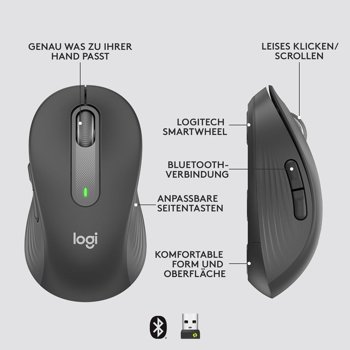 Logitech Signature M650 for Business Kabellose Maus, Leise Klicks, Anpassbare Seitentasten, Bluetooth, Kompatibilität mit mehreren Geräten - Grau