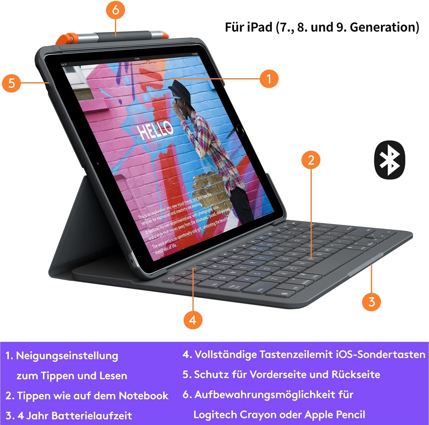 Logitech Slim Folio für iPad (7., 8. und 9. Generation) Tastatur-Case Deutsches QWERTZ-Layout - Graphit